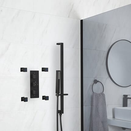 Sistema Doccia Termostatico Nero con Idrogetti e Asta Saliscendi con Doccetta  (2 Vie) - Preto