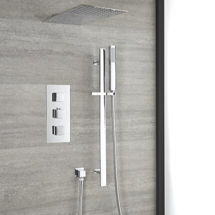 Kit Doccia Termostatico Tradizionale a Due Funzioni con Soffione, Asta Saliscendi e Doccetta - Finitura Cromata - Kubix