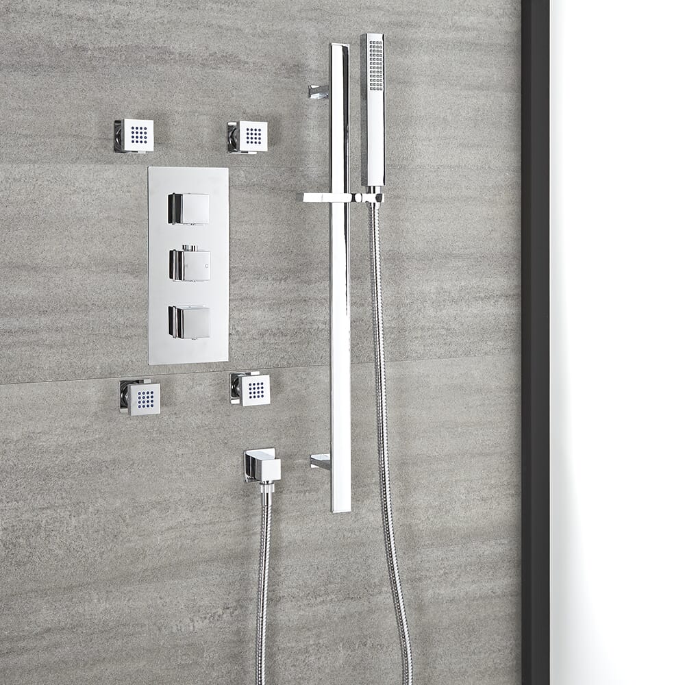 Kit Doccia Termostatico a Due Funzioni con Asta Saliscendi, Doccetta e Getti Doccia - Finitura Cromata - Kubix