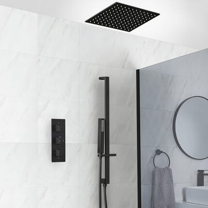 Sistema Doccia Termostatico Nero con Soffione Doccia da Incasso e Asta Saliscendi con Doccetta (2 Vie) - Preto
