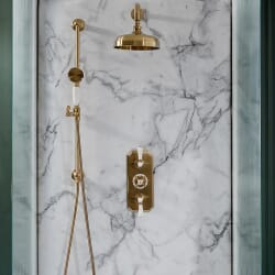 Miscelatore Doccia Termostatico Tradizionale in Oro Satinato con Asta Saliscendi e Soffione (2 Vie) - Elizabeth
