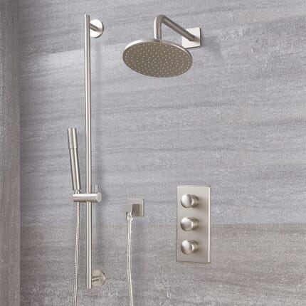 Kit Doccia in Nichel Spazzolato Completo di Miscelatore Doccia Termostatico Triplo a 2 Vie con Soffione Doccia Circolare 200mm con Asta Saliscendi e Doccetta - Aldwick