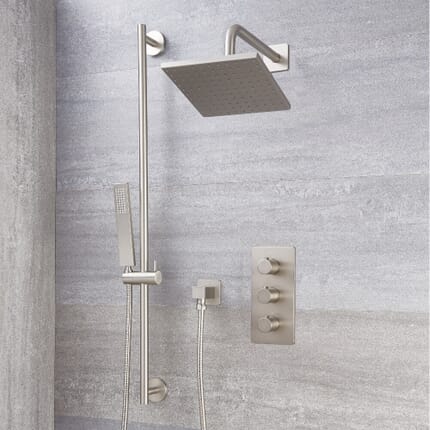 Kit Doccia in Nichel Spazzolato Completo di Miscelatore Doccia Termostatico Triplo a 2 Vie con Deviatore, Soffione Doccia Quadrato 200mm e Asta Saliscendi con Doccetta - Harting