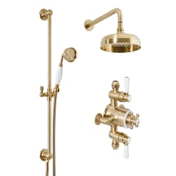 Colonna Doccia Classica con Miscelatore Termostatico Triplo Esposto in Oro Satinato con Soffione e Asta Saliscendi (2 Vie) - Elizabeth