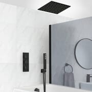 Sistema Doccia Termostatico Nero con Deviatore, Soffione Doccia da Incasso, Doccetta e Erogatore Vasca (3 Vie) - Preto