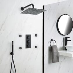 Miscelatore Doccia Termostatico ad Incasso Nero Triplo a 3 Vie Completo di Soffione Doccia Quadrato 300x300mm e Doccetta - Nox