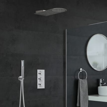 Kit Doccia Circolare Moderno Completo di Miscelatore Doccia Termostatico Triplo Cromato a 3 Vie con Deviatore Completo di Soffione Doccia con Effetto a Pioggia e Asta Saliscendi con Doccetta - Como