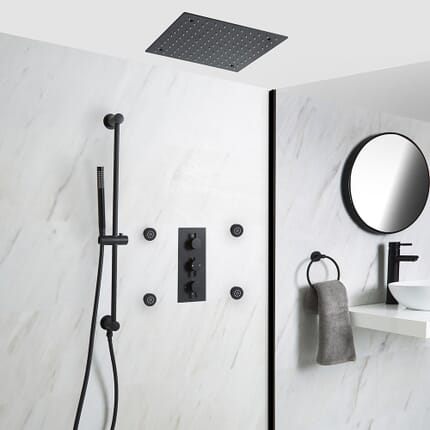 Kit Doccia con Miscelatore Termostatico Nero, Soffione Doccia ad Incasso, Asta Saliscendi e Idrogetti – 3 Vie – Nox