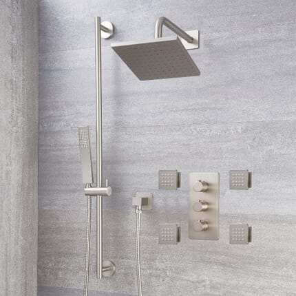 Kit Doccia in Nichel Spazzolato Completo di Miscelatore Doccia Termostatico Triplo a 3 Vie con Soffione Doccia Quadrato 200mm, Asta Saliscendi con Doccetta e Idrogetti - Harting