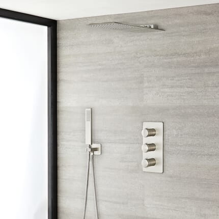Kit Doccia in Nichel Spazzolato Completo di con Miscelatore Doccia Termostatico Triplo a 3 Vie con Soffione Doccia500x200mm a 2 Vie con Funzione a Pioggia e Cascata e Doccetta - Harting