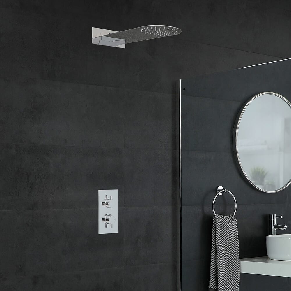 Kit Doccia Circolare Moderno Completo di Miscelatore Doccia Termostatico Cromato ad 1 Via con Soffione Doccia Sottile Fisso Quadrato - Como