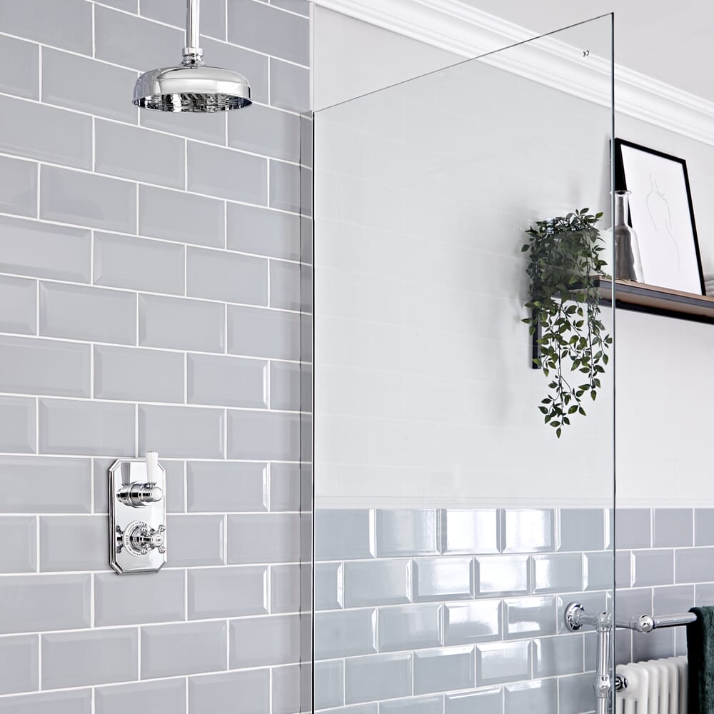 Miscelatore Termostatico Tradizionale con Soffione Doccia e Braccio Doccia a Soffitto 150mm - Cromato e Bianco - Elizabeth