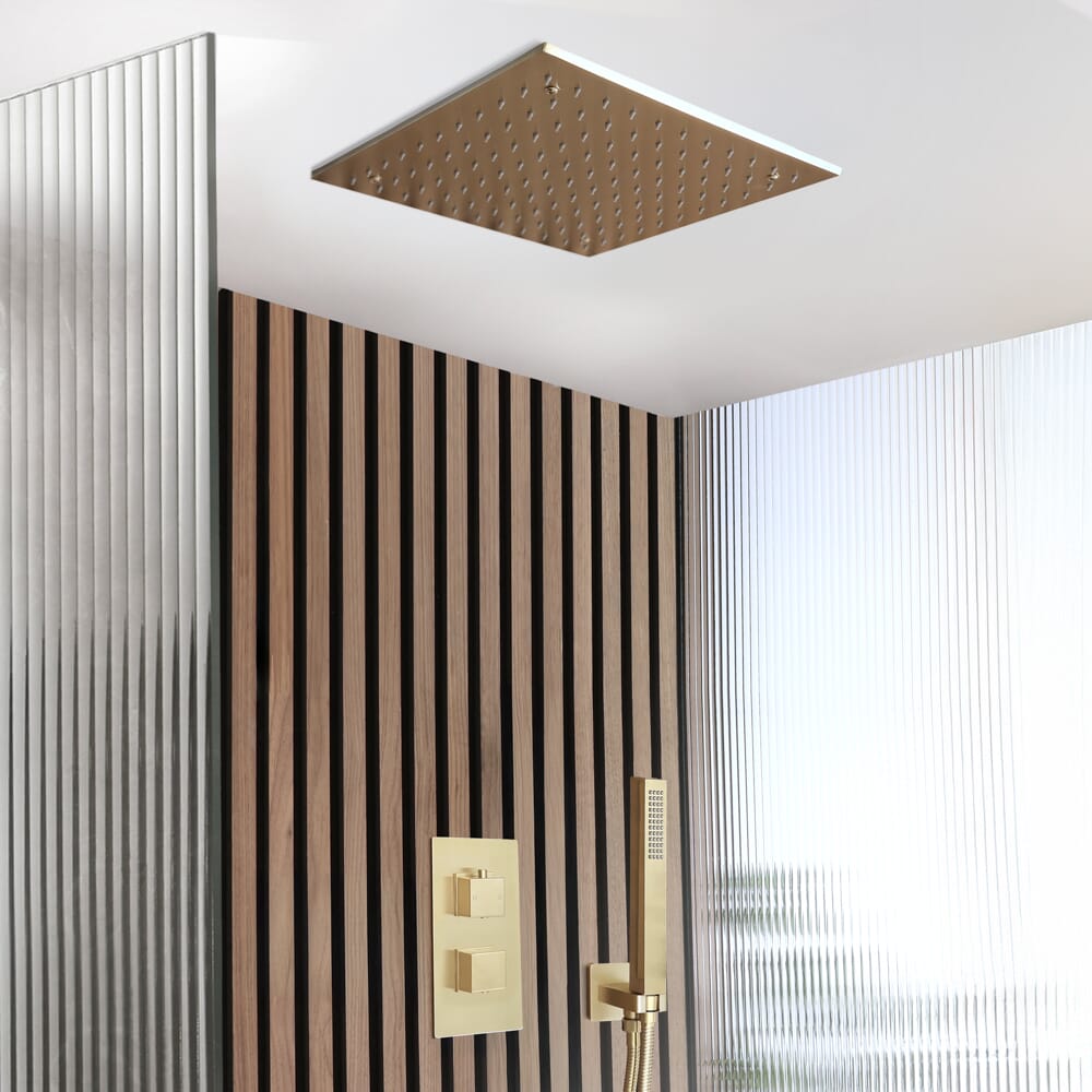 Sistema Doccia con Miscelatore Termostatico con Deviatore, Soffione da Incasso da 400mm e Doccetta (2 Vie) - Oro Satinato - Lyra