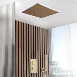 Sistema Doccia con Miscelatore Termostatico con Deviatore, Soffione da Incasso da 400mm e Doccetta (2 Vie) - Oro Satinato - Lyra