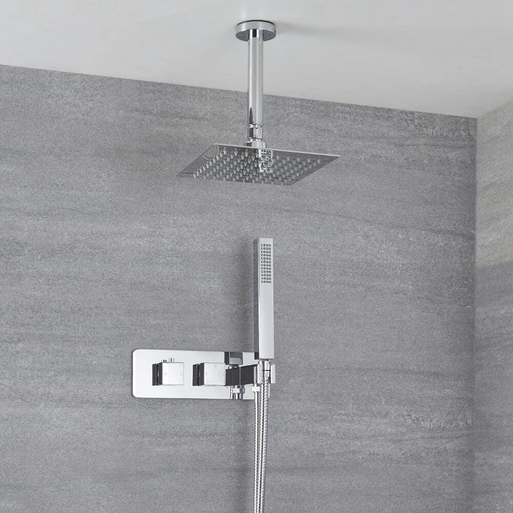 Miscelatore Doccia Incasso a 2 Vie con Deviatore Integrato con Soffione 200mm, Braccio Doccia a Soffitto e Doccetta - Arvo