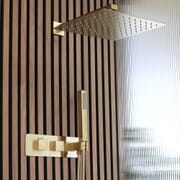 Sistema Doccia con Miscelatore Termostatico con Deviatore, Soffione da 300mm e Doccetta (2 Vie) - Oro Satinato - Lyra