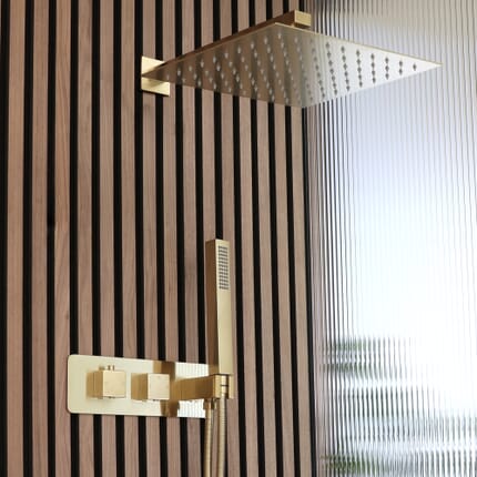 Sistema Doccia con Miscelatore Termostatico con Deviatore, Soffione da 300mm e Doccetta (2 Vie) - Oro Satinato - Lyra