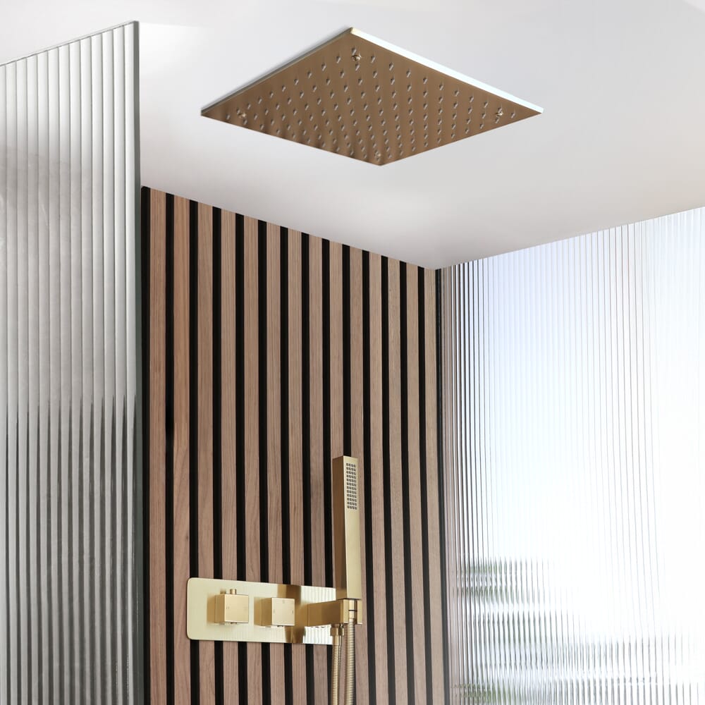 Sistema Doccia con Miscelatore Termostatico con Deviatore, Soffione da Incasso da 400mm e Doccetta (2 Vie) - Oro Satinato - Lyra