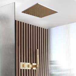 Sistema Doccia con Miscelatore Termostatico con Deviatore, Soffione da Incasso da 400mm e Doccetta (2 Vie) - Oro Satinato - Lyra