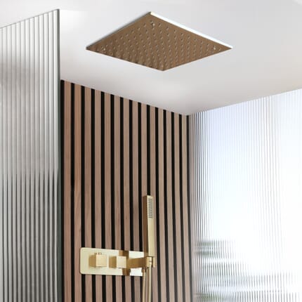 Sistema Doccia con Miscelatore Termostatico con Deviatore, Soffione da Incasso da 400mm e Doccetta (2 Vie) - Oro Satinato - Lyra