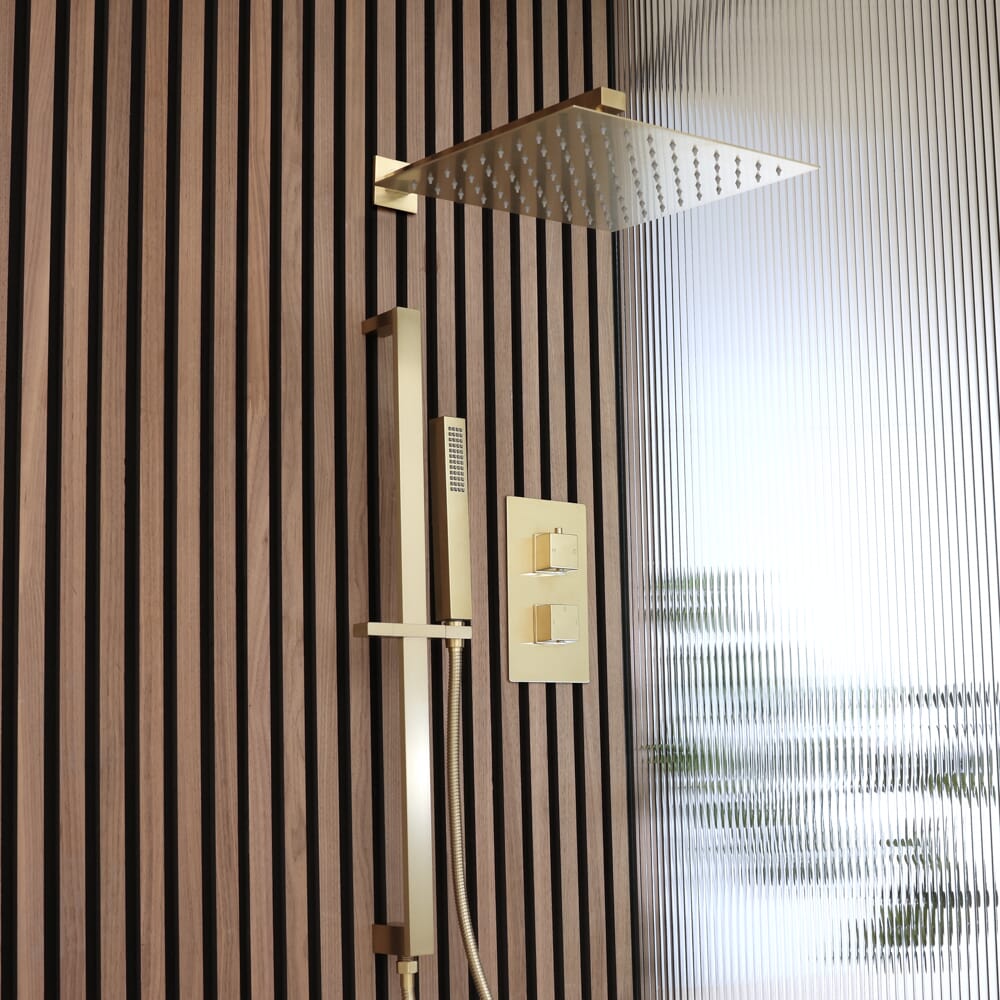 Miscelatore Doccia Termostatico con Deviatore, Soffione da 300mm e Asta Saliscendi con Doccetta (2 Vie) - Oro Satinato - Lyra