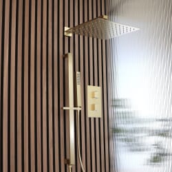 Miscelatore Doccia Termostatico con Deviatore, Soffione da 300mm e Asta Saliscendi con Doccetta (2 Vie) - Oro Satinato - Lyra