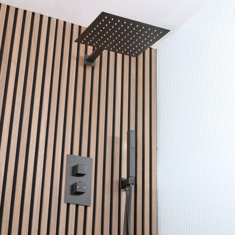 Sistema Doccia con Miscelatore Termostatico con Deviatore, Soffione da 300mm e Doccetta (2 Vie) - Nero - Preto