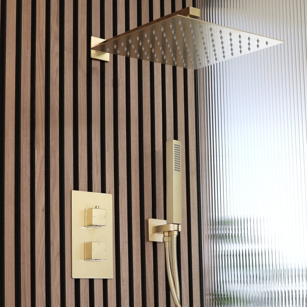 Sistema Doccia con Miscelatore Termostatico con Deviatore, Soffione da 300mm e Doccetta (2 Vie) - Oro Satinato - Lyra