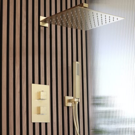 Sistema Doccia con Miscelatore Termostatico con Deviatore, Soffione da 300mm e Doccetta (2 Vie) - Oro Satinato - Lyra