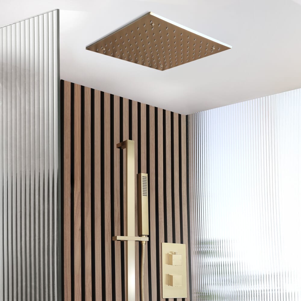 Sistema Doccia con Miscelatore Termostatico con Deviatore, Soffione da Incasso da 400mm e Asta Saliscendi con Doccetta (2 Vie) - Oro Satinato - Lyra