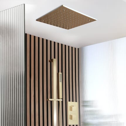 Sistema Doccia con Miscelatore Termostatico con Deviatore, Soffione da Incasso da 400mm e Asta Saliscendi con Doccetta (2 Vie) - Oro Satinato - Lyra