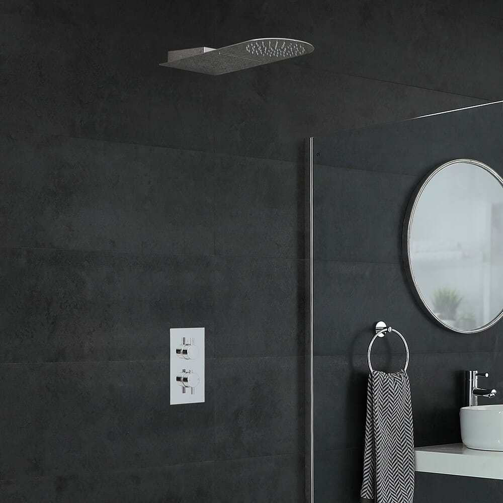 Kit Doccia Circolare Moderno Completo di Miscelatore Doccia Termostatico Cromato con a 2 Vie con Deviatore Completo di Soffione Doccia con Effetto a Pioggia e Cascata – Como