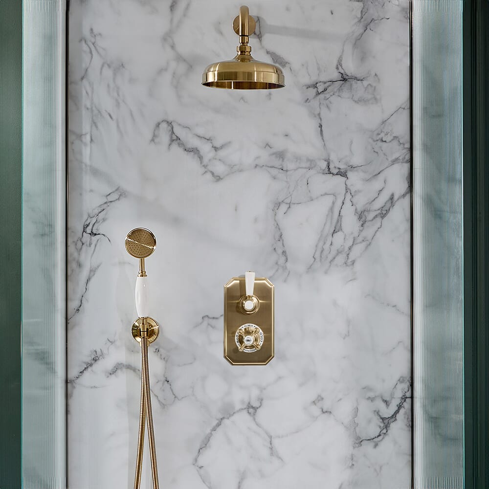 Miscelatore Doccia Termostatico Tradizionale in Oro Satinato con Deviatore, Doccetta e Soffione  (2 Vie) - Elizabeth