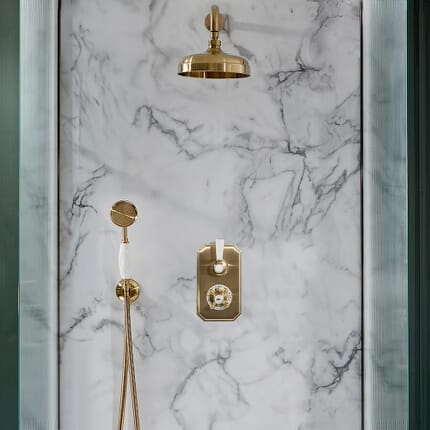 Miscelatore Doccia Termostatico Tradizionale in Oro Satinato con Deviatore, Doccetta e Soffione  (2 Vie) - Elizabeth