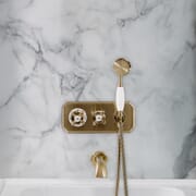 Miscelatore Doccia Termostatico Tradizionale in Oro Satinato con Deviatore, Doccetta e Erogatore Vasca (2 Vie) - Elizabeth