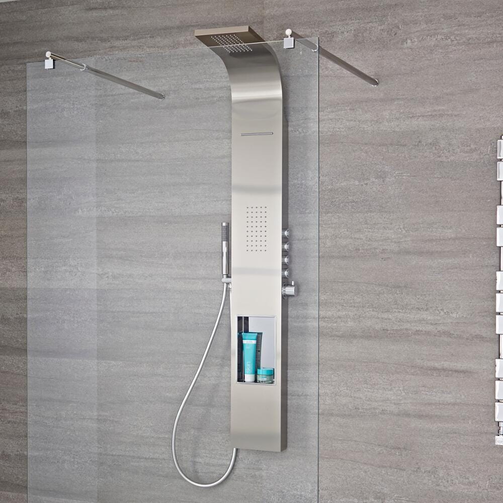 Pannello Doccia Termostatico a 4 Vie con Soffione a Pioggia, Erogatore a Cascata, Idrogetti, Doccetta e Mensola Integrata - Vista