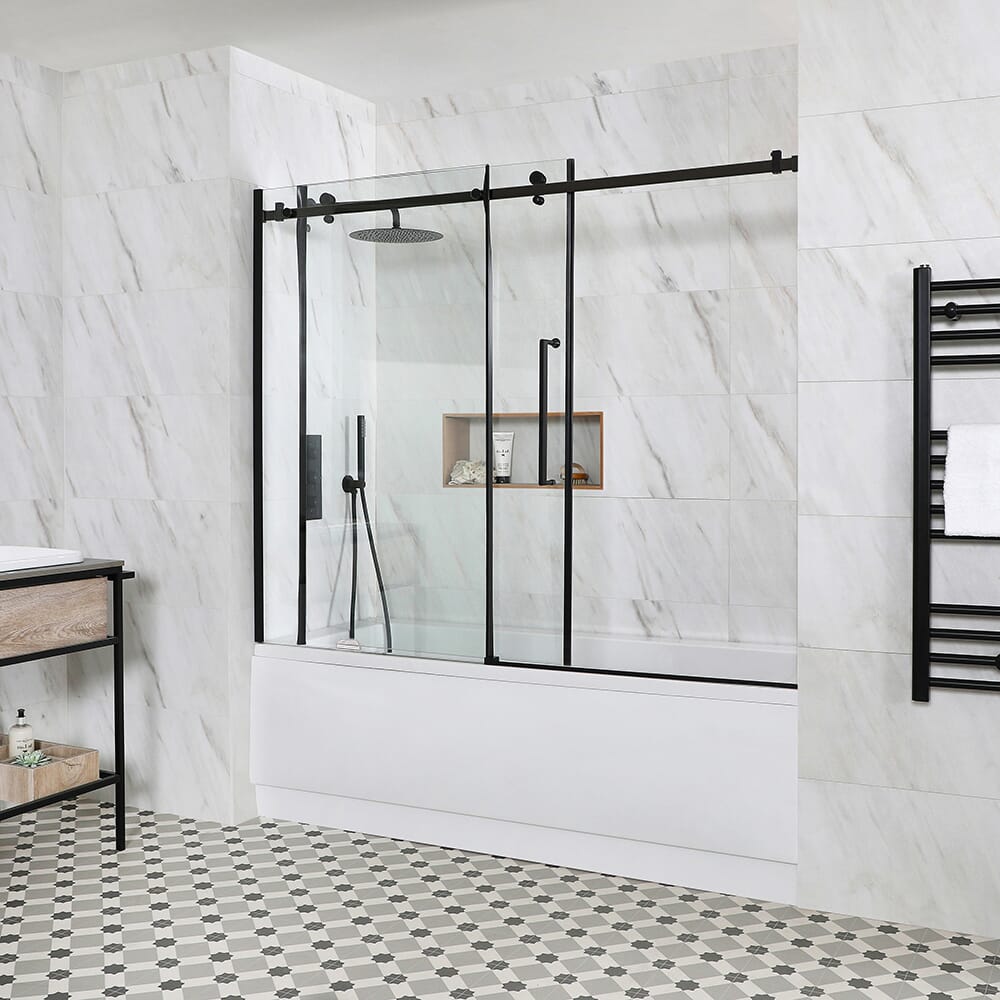 Vasca da Bagno Rettangolare con Parete Scorrevole Nera e Pannello Frontale - Scelta di Dimensioni - Sandford
