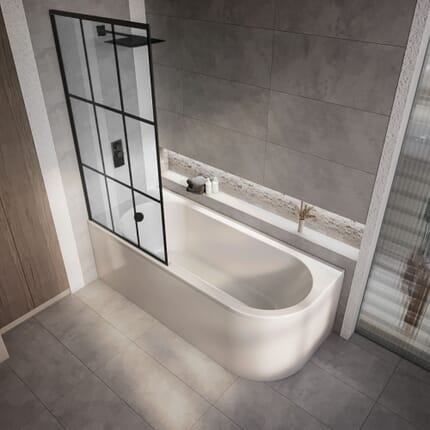 Vasca da Bagno Angolare Moderna con Sezione Interna Ovale 1700mm x 725mm con Parete Vasca a Griglia Nera- Opzioni Sinistra / Destra  - Otterton