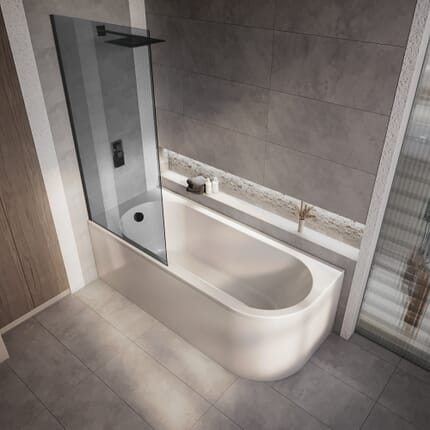 Vasca da Bagno Angolare Moderna con Sezione Interna Ovale - 1700mm x 725mm con Parete Vasca in Vetro Fumè - Opzioni Sinistra / Destra  - Otterton