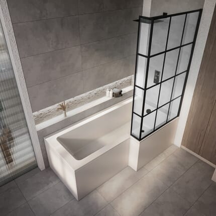 Vasca da Bagno Asimmetrica con Doccia con Parete Doccia a Griglia Nera - Scelta di Dimensioni, Pannelli e Opzione Entrata Destra/Sinistra - Sandford