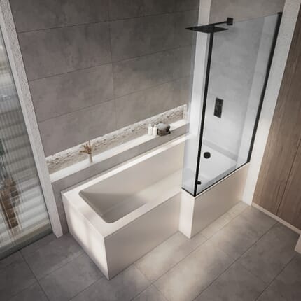 Vasca da Bagno Asimmetrica con Doccia con Parete Doccia Nera - Scelta di Dimensioni, Pannelli e Opzione Entrata Destra/Sinistra - Sandford