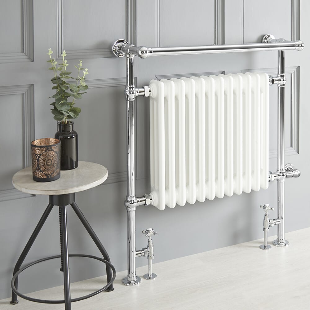 Scaldalviette Misto Tradizionale Bianco – 930mm x 790mm - (Barra Porta Salviette Sporgente) - Scelta di Termostati & Copri Cavo