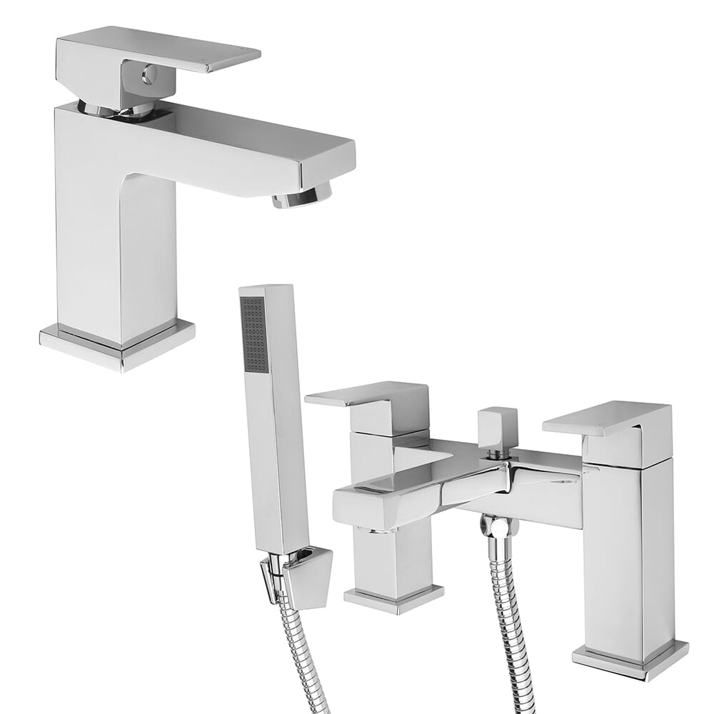 Set di Rubinetti Miscelatori per Lavabo e Vasca da Bagno con Kit Doccia - Design Quadrato - Scelta di Finiture
