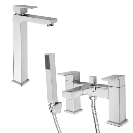 Set di Rubinetti Miscelatori per Lavabo e Vasca da Bagno con Kit Doccia - Design Quadrato - Scelta di Finiture
