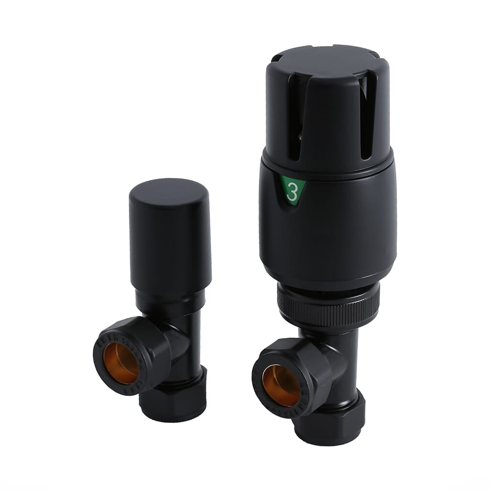 Paio di Valvole Termostatiche Moderne per Radiatore a Squadra con Finitura Nera