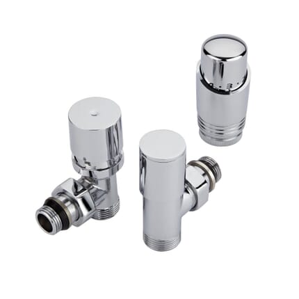 Coppia di Valvole a Squadra Termostatiche Cromate per Radiatori e Scaldasalviette con Selezione di Adattatori Pex e Multistrato 12mm