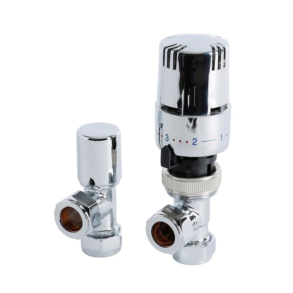 Paio Di Valvole Termostatiche Per Radiatore a Squadra con Testa in ABS Cromato per Tubi in Rame 15mm