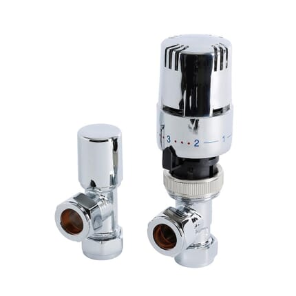 Paio Di Valvole Termostatiche Per Radiatore a Squadra con Testa in ABS Cromato per Tubi in Rame 15mm