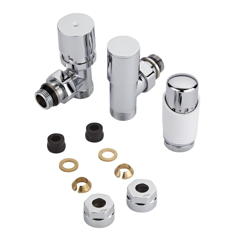 Coppia di Valvole per Radiatori e Scaldasalviette con Testa Termostatica e Adattatori per Tubi in Rame 12mm