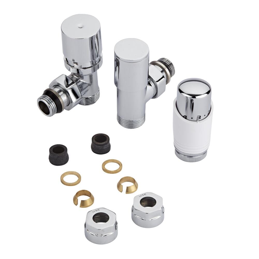 Coppia di Valvole per Radiatori e Scaldasalviette con Testa Termostatica e Adattatori per Tubi in Rame 14mm